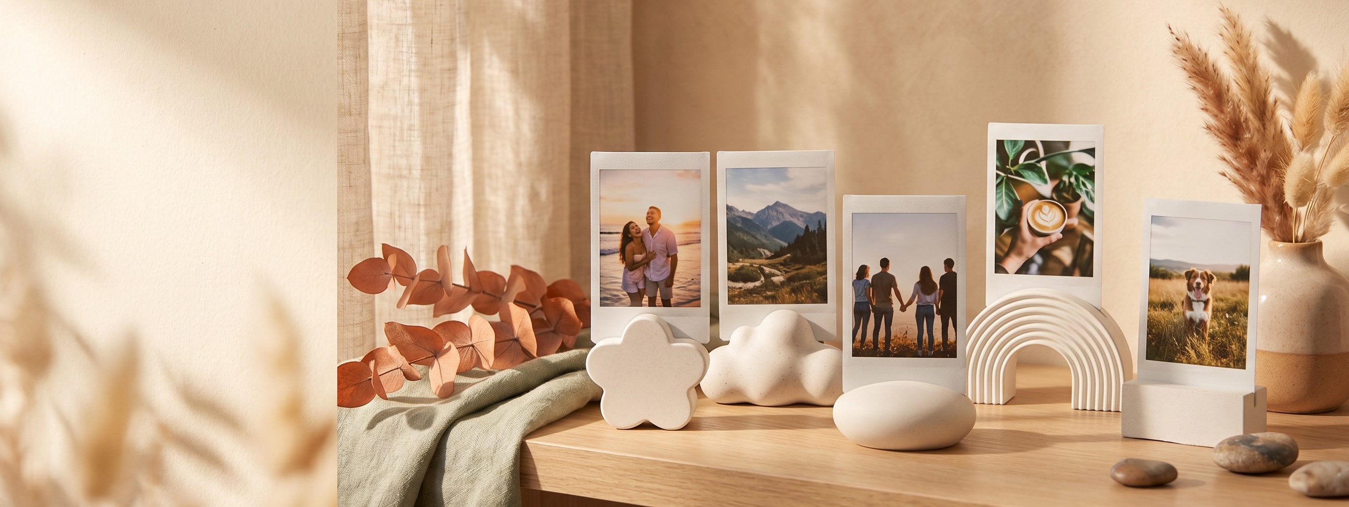 JOU handcrafted Instax photo holders on a wooden shelf